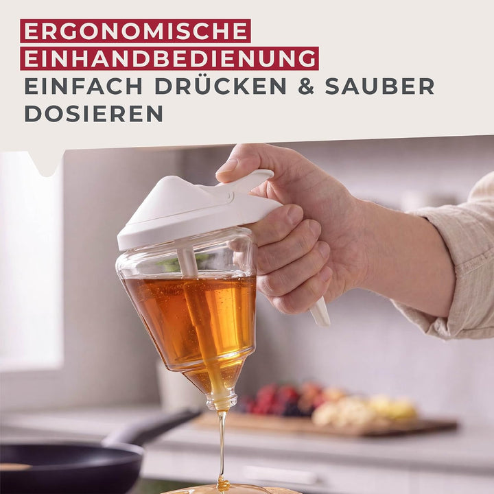 Fackelmann Honigspender, Honigtopf, Sirupbehälter zum Servieren von Honig und Sirup (Farbe: Weiss),