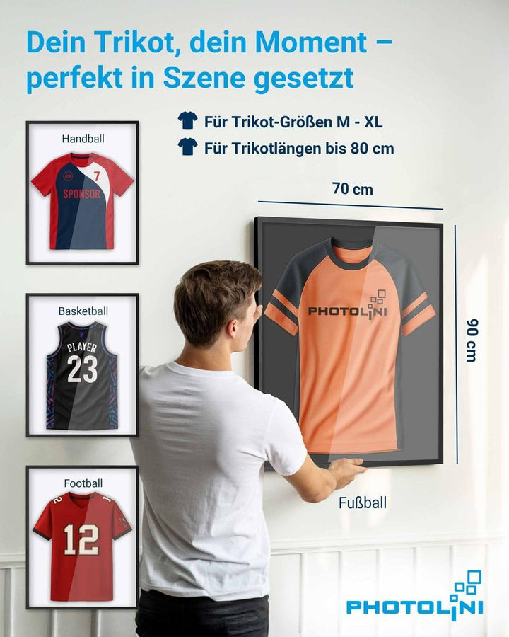 PHOTOLINI Bilderrahmen Trikotrahmen Fussball 70x90, Schwarzer Bilderrahmen für Trikot, Rahmen Trikot