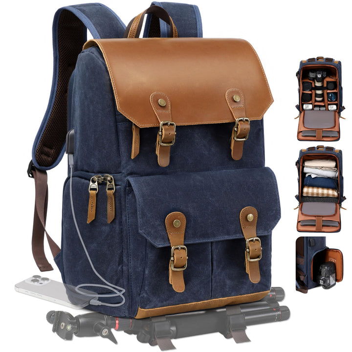 Padwa Lifestyle Blau Kamerarucksack - wetterfeste Kameratasche aus gewachstem Memory Canvas mit 16“