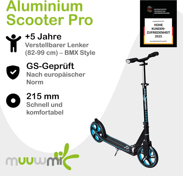 muuwmi Aluminium Scooter Pro – Tretroller, 215 mm, ABEC 7, für Kinder und Erwachsene, GS-geprüft, hö