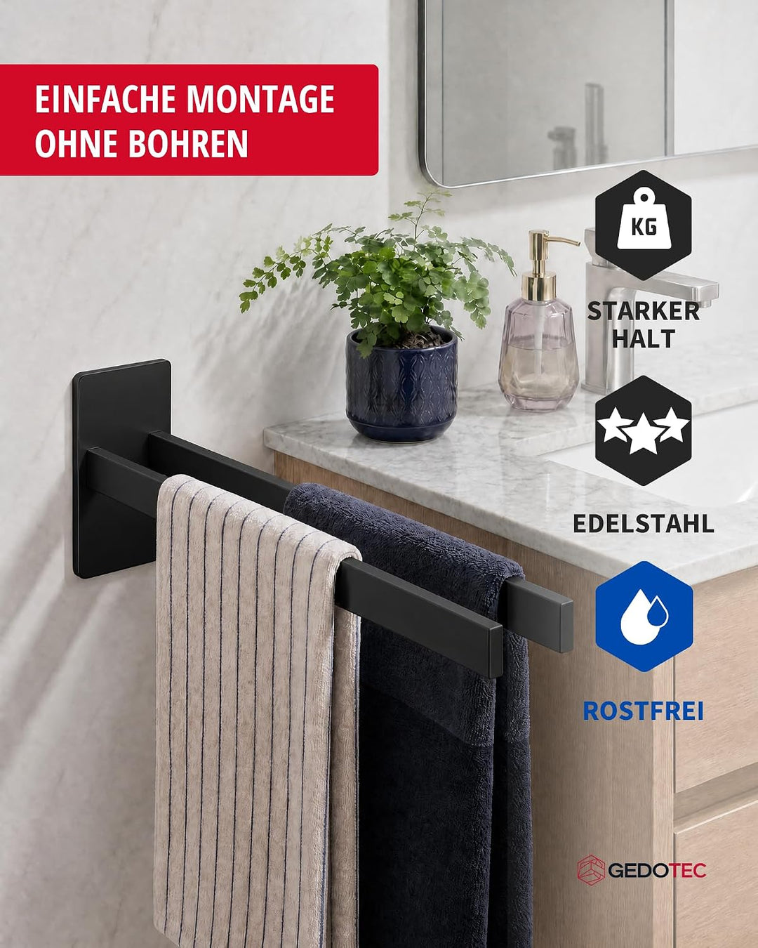 Gedotec Handtuchhalter Bella MIA ohne Bohren zweiarmig zum Kleben, Schwarz matt – Selbstklebende Han