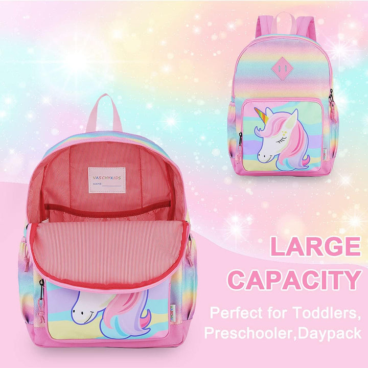 VASCHY Mädchen Schulrucksack 4-6 Jahre Schulrucksack mit Seitentaschen und Brustgurt 127-einhorn, 12