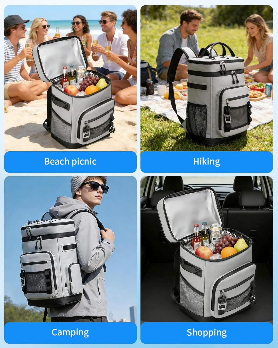 30L Kühlrucksack, Gross Isolierte Kühltasche Wasserdichter Picknickrucksack für Männer Frauen, Tragb