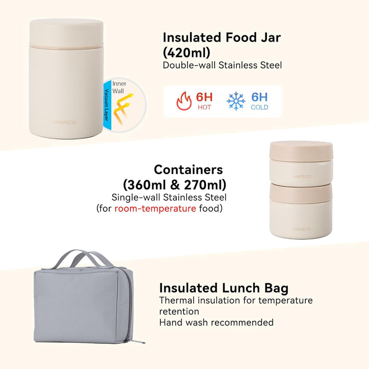 SANTECO Vakuumisolierter Suppen-Lunch-Set 1050ml - Isolierte Brotdose mit Löffel & Tragetasche - Sti