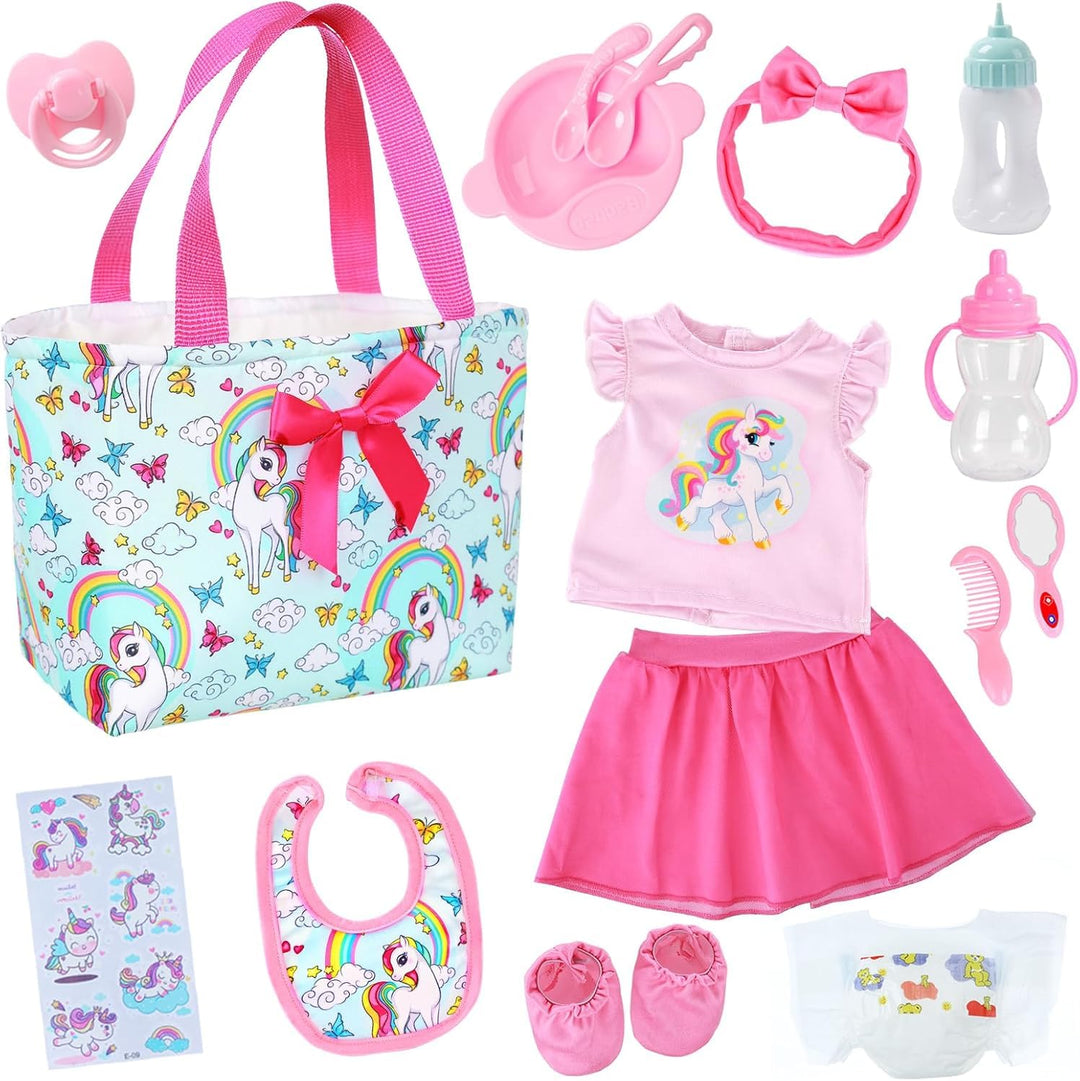 Babypuppe Zubehör Set – 13-teilig mit Puppenwickeltasche Kleid Kamm Spiegel Windel Lätzchen Aufklebe