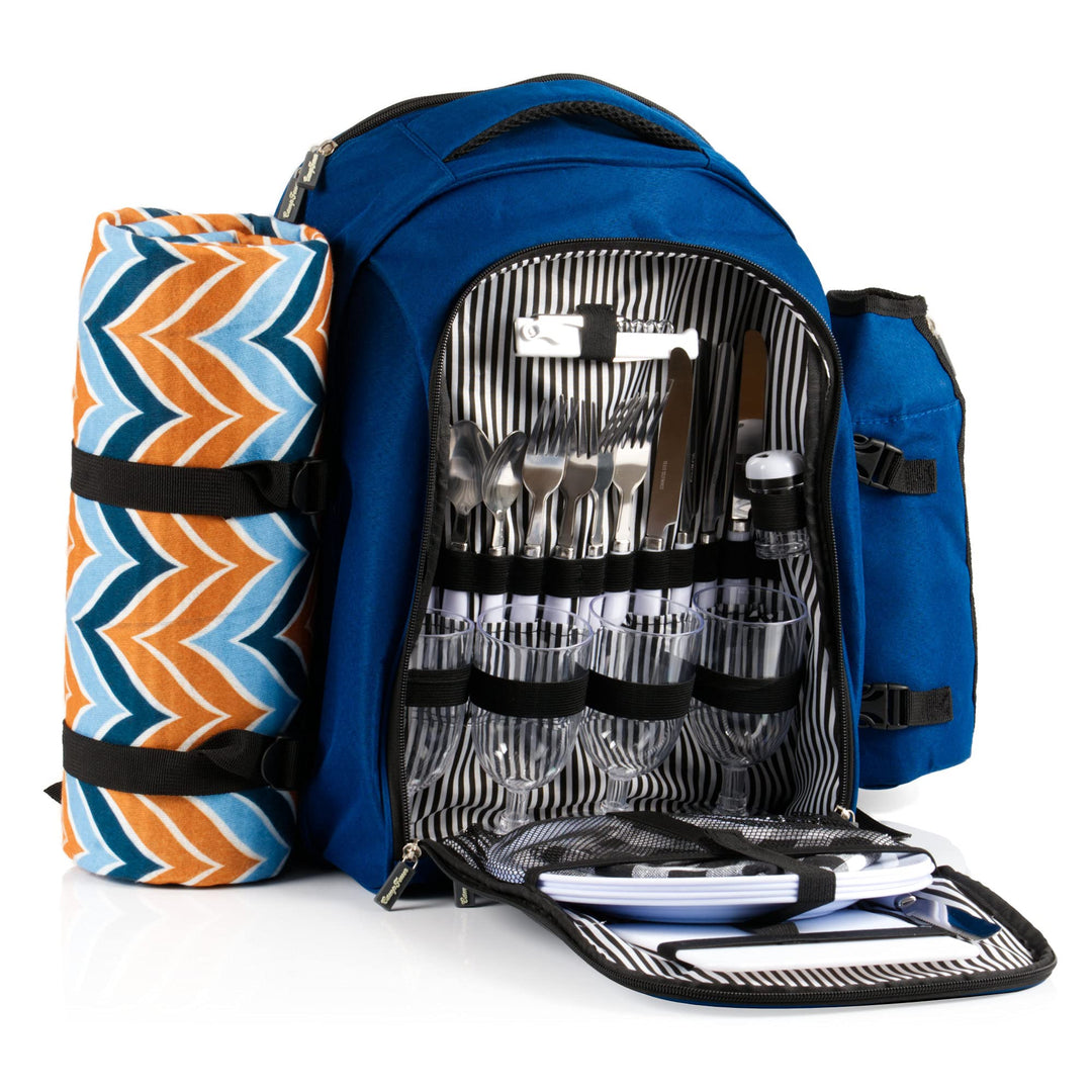 CampFeuer Picknickrucksack 32-teilig | Picknickset für 4 Personen | mit Flaschenhalter, Picknickdeck