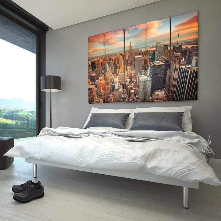 Feeby Bilder 5 Teile XXL New York Sonnenuntergang Typ C 250x120 cm Wohnzimmer Schlafzimmer Büro Flur