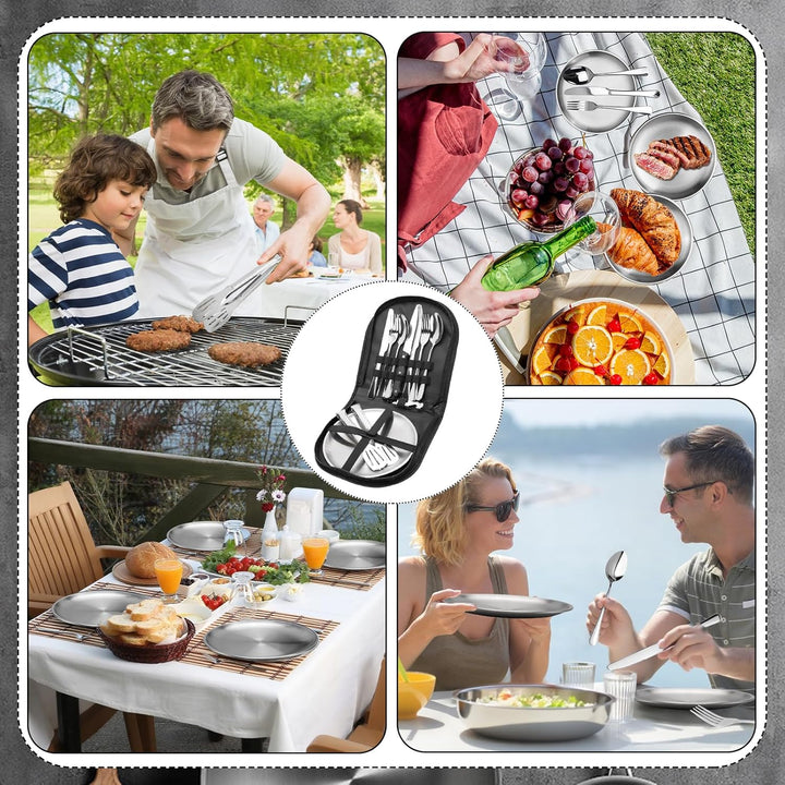 Camping Geschirr Set 4 Personen, 22 Stück Outdoor Geschirr, Besteck Camping mit Löffel, Gabel, Messe
