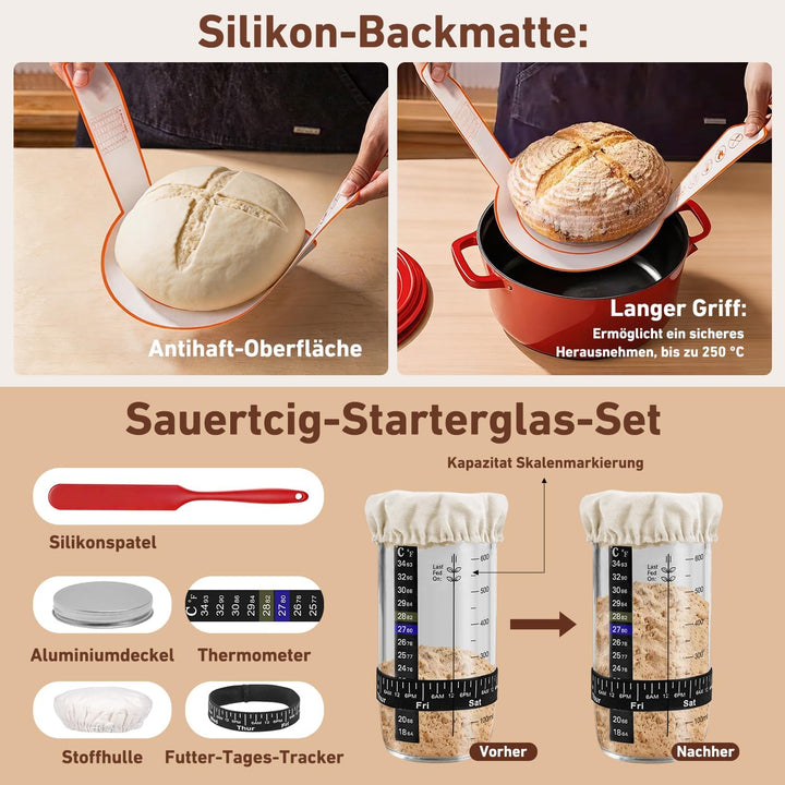 Sauerteig Starter Set 18-teilig,klappbare Silikon Gärkörbe rund+oval | 2 Körbe (rund 23/oval 25 cm),