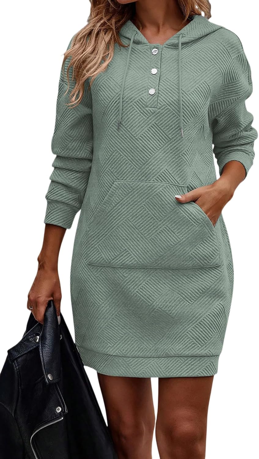 TrendiMax Damen Hoodie Kleid Herbst Übergangs Kapuzenpullover Sweatkleid Textur Knopf Langarm Sweats