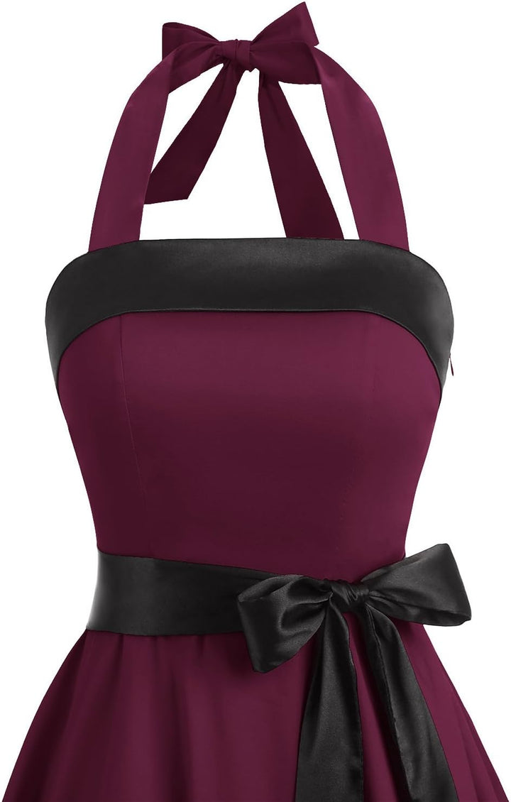 Damen Vintage Cocktailkleid Knielang Neckholder Swing Retro Rockabilly Kleid A-burgundy L, A-burgund