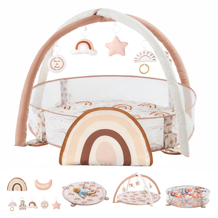 Mallify 6-in-1 XL Baby-Spielbogen mit Spielmatte &amp; Bällebad, Kombiniertes Baby-Spielcenter mit Meile