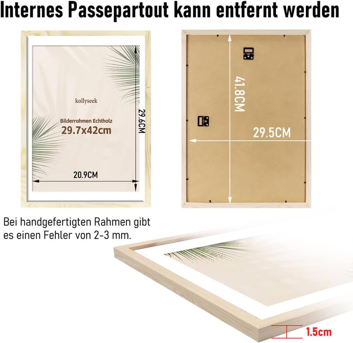 kollyseek Bilderrahmen Din A3(29.7x42cm) Echtholz mit Passepartout Holz Rahmen mit Acrylglas Kieferh