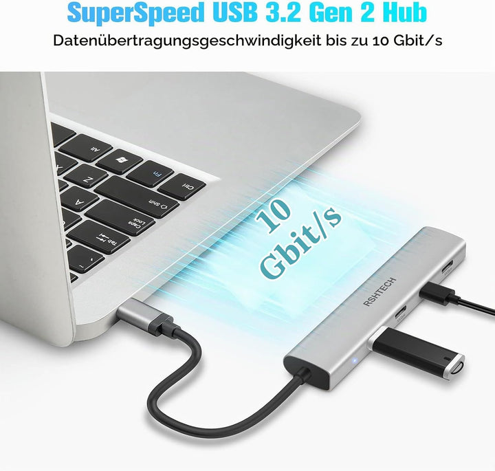 USB C Hub 10Gbps, RSHTECH 4-Port USB C 3.2 Hub Aluminium USB 3.1 Gen2 Ultra Slim Datenhub Portable M