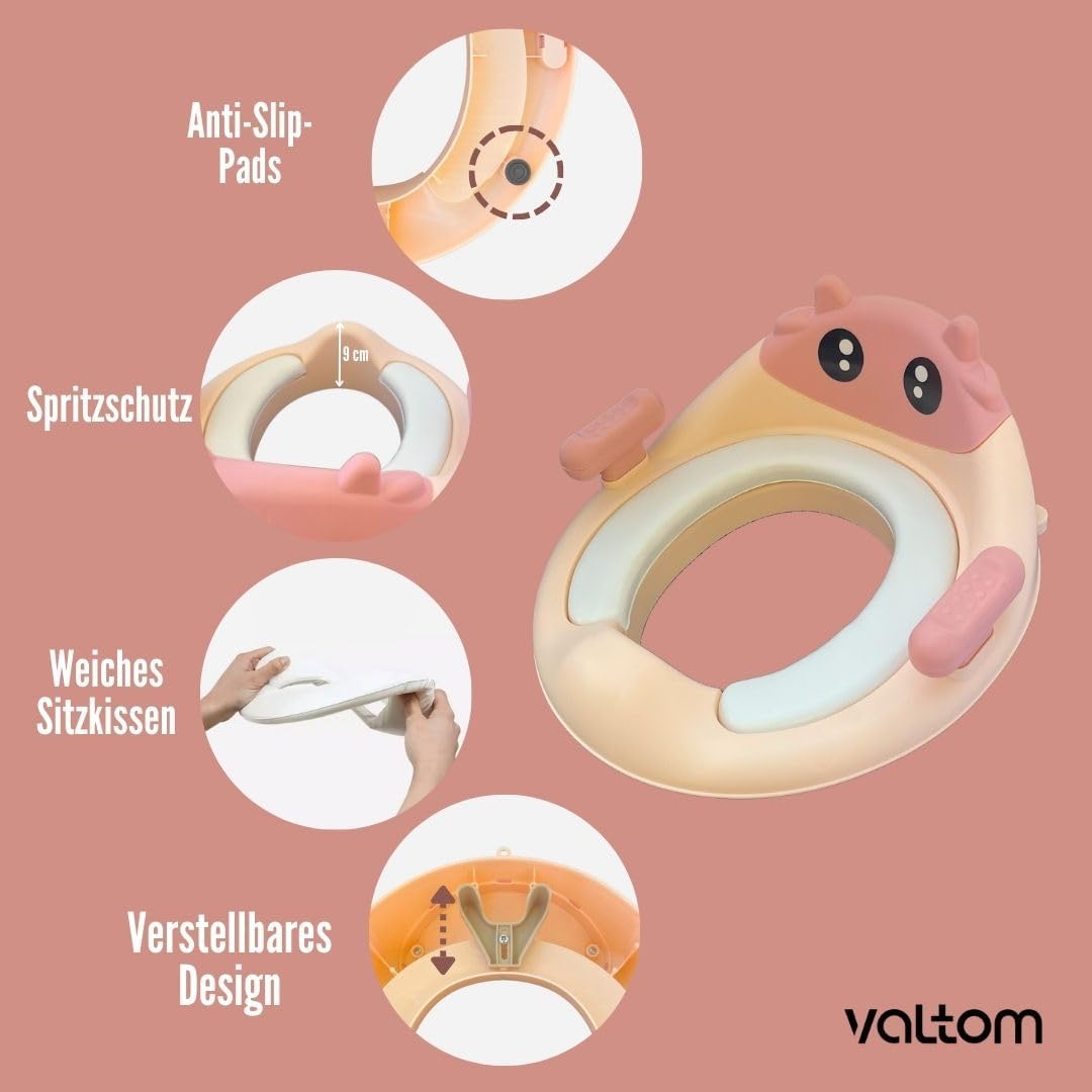 Valtom - Toilettensitz Kinder mit Stepper - inkl. Sitzkissen und Tierdesign Pink mit Treppe, Pink mi