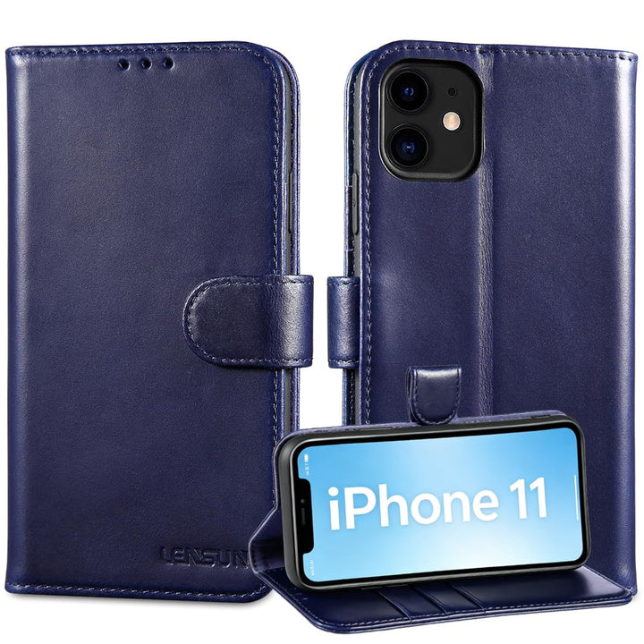 LENSUN Echtleder Handyhülle für iPhone 11, Hülle [Echtes Leder][Standfunktion][Kartenfächer] Handyta
