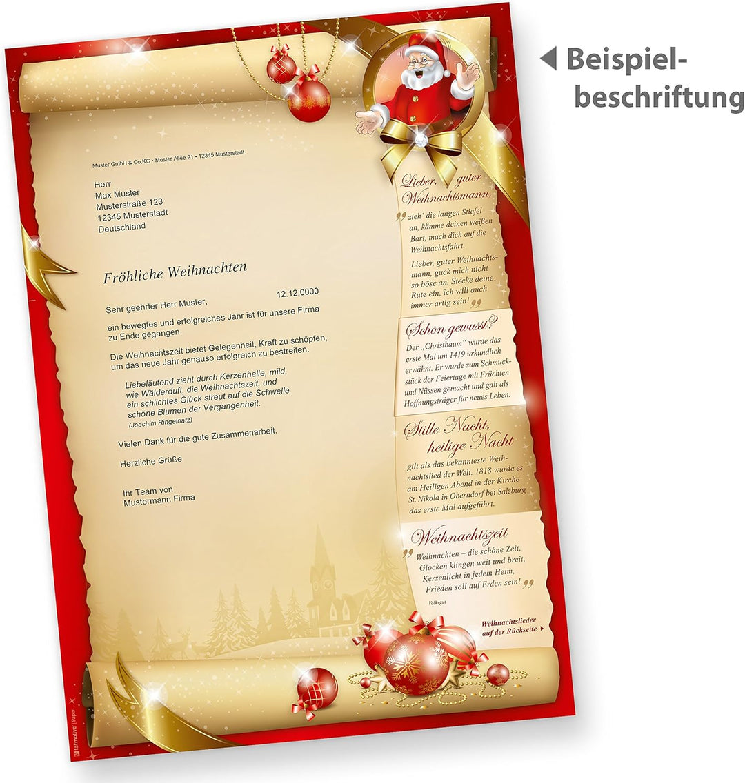 Weihnachtsbriefpapier Set SANTA CLAUS beidseitig (250 Sets ohne Fenster) Briefpapier mit Weihnachtsl