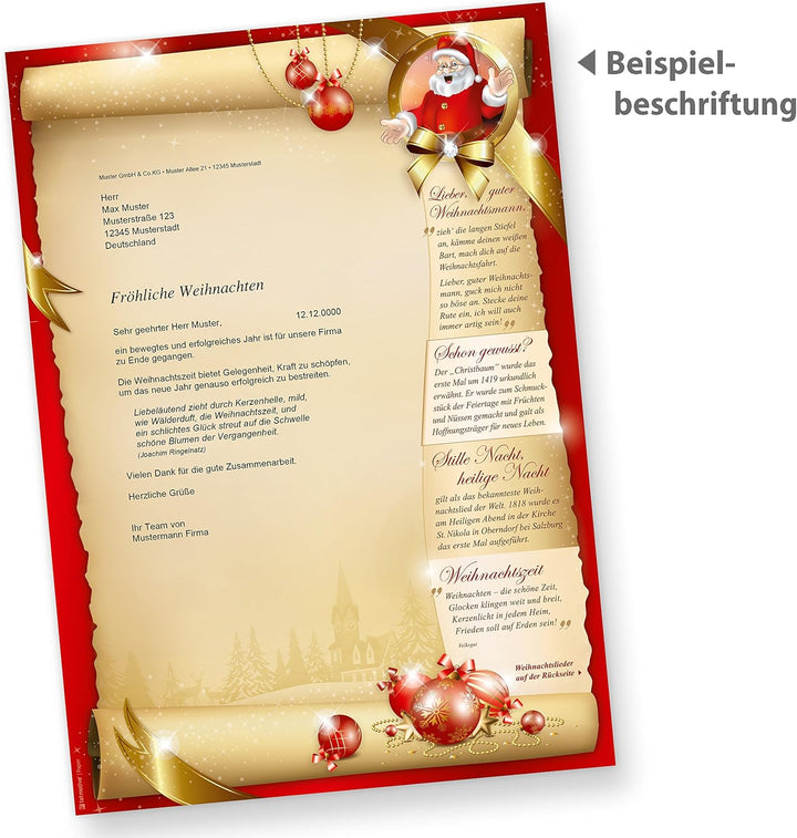Weihnachtsbriefpapier Set SANTA CLAUS beidseitig (100 Sets ohne Fenster) Briefpapier mit Weihnachtsl