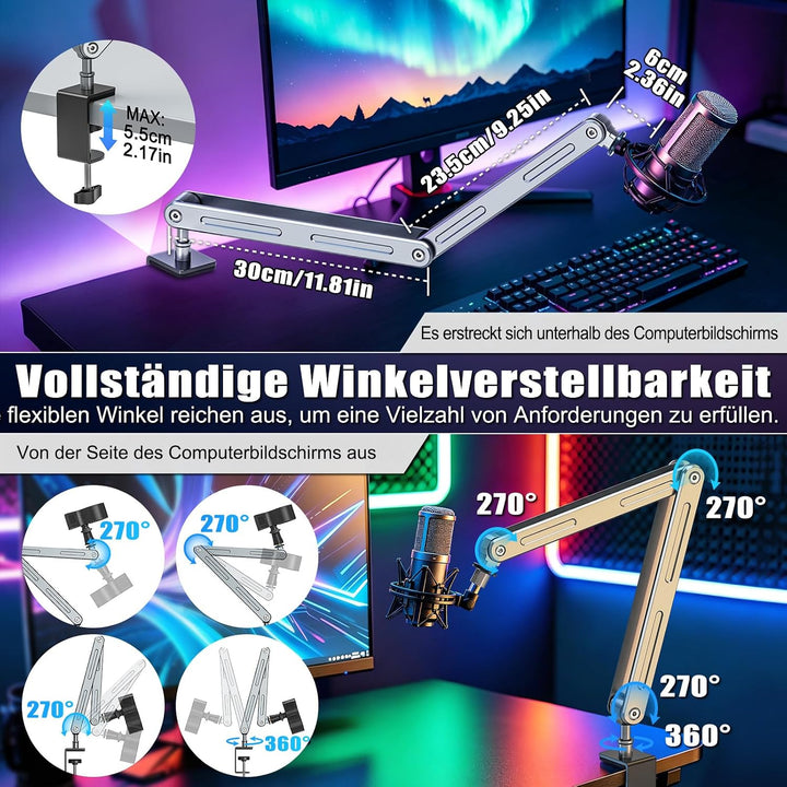 Aluminium Mikrofon Arm Tisch für Live-Streaming, Singe, Gaming | Aluminium Mikrofonständer Schreibti