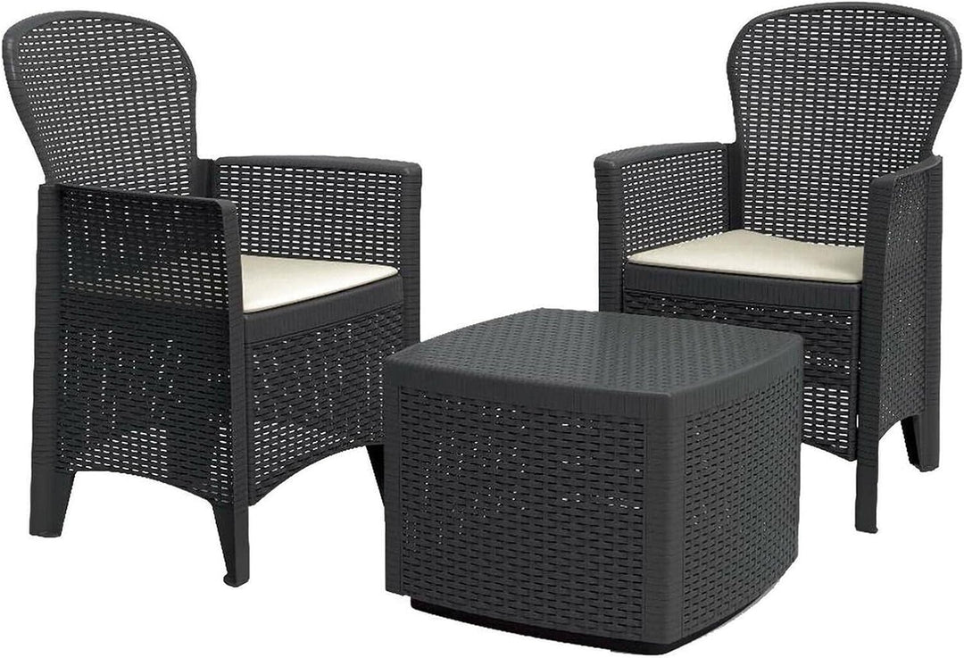 Dmora Gartenset mit Kissen, 2 Sesseln und 1 Outdoor-Container-Tisch, Made in Italy, Farbe Anthrazit