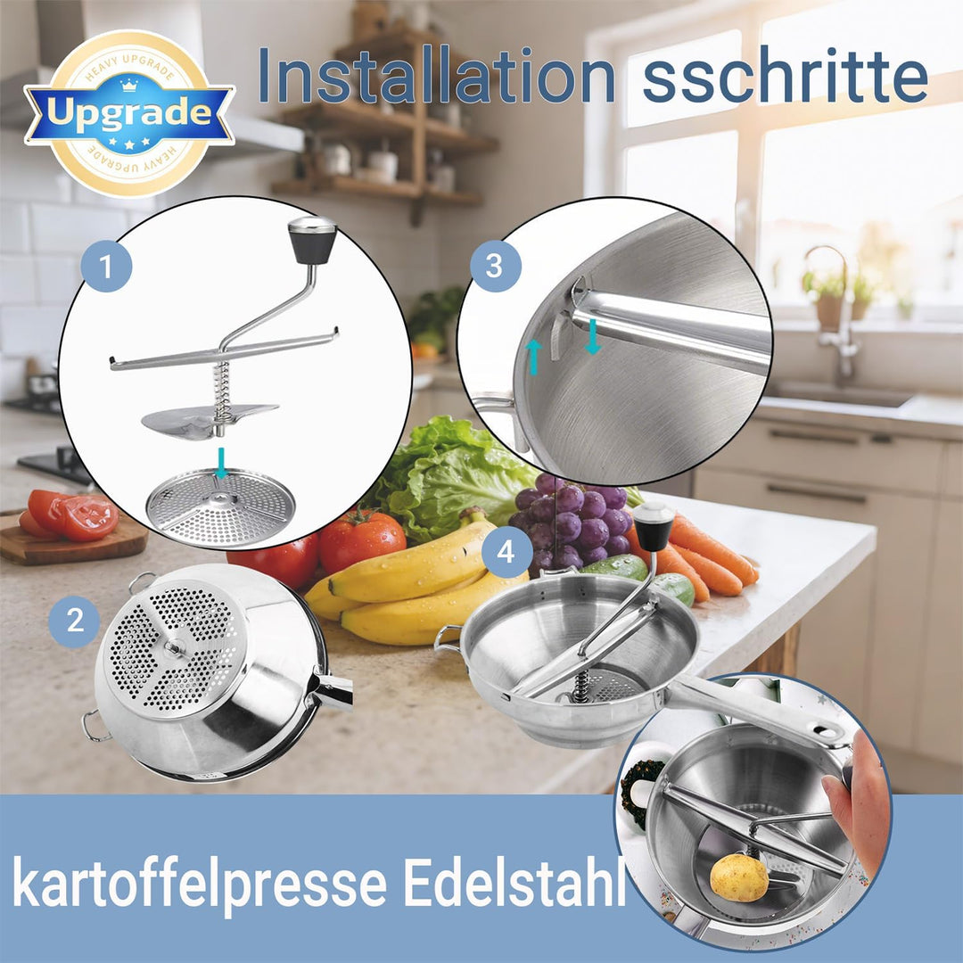 Passiergerät mit 3 Passiersieb,Manuelle Kartoffelstampfer Edelstahl,Classic Potato Masher,Kartoffelp