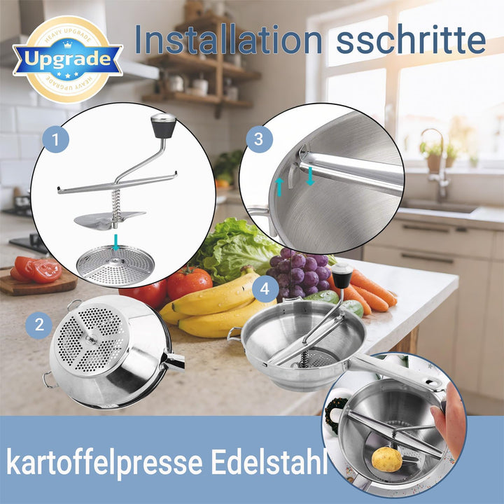 Passiergerät mit 3 Passiersieb,Manuelle Kartoffelstampfer Edelstahl,Classic Potato Masher,Kartoffelp
