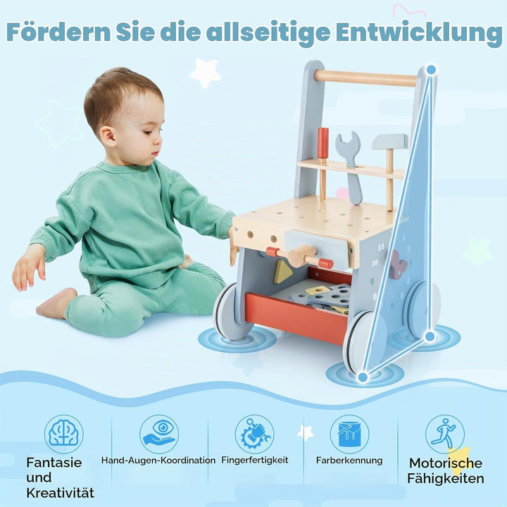 FANTASK 2 in 1 Lauflernwagen, Lauflernhilfe aus Holz, Montessori Kinder Werkbank Spieltisch, Multi-A