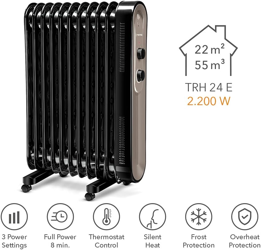 TROTEC Ölradiator TRH 24 E – Heizleistung 1000 W / 1200 W / 2200 W – Elektro Heizkörper, 11 Rippen,