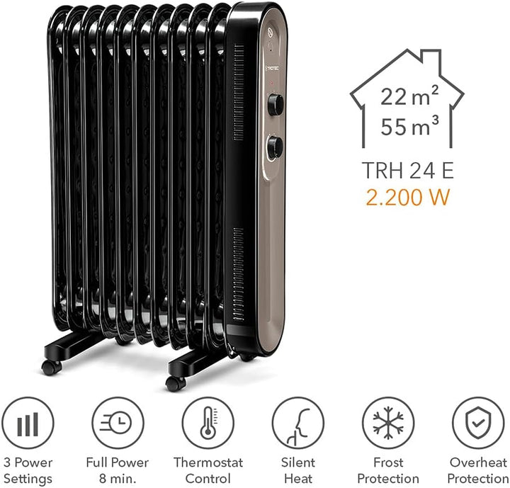 TROTEC Ölradiator TRH 24 E – Heizleistung 1000 W / 1200 W / 2200 W – Elektro Heizkörper, 11 Rippen,