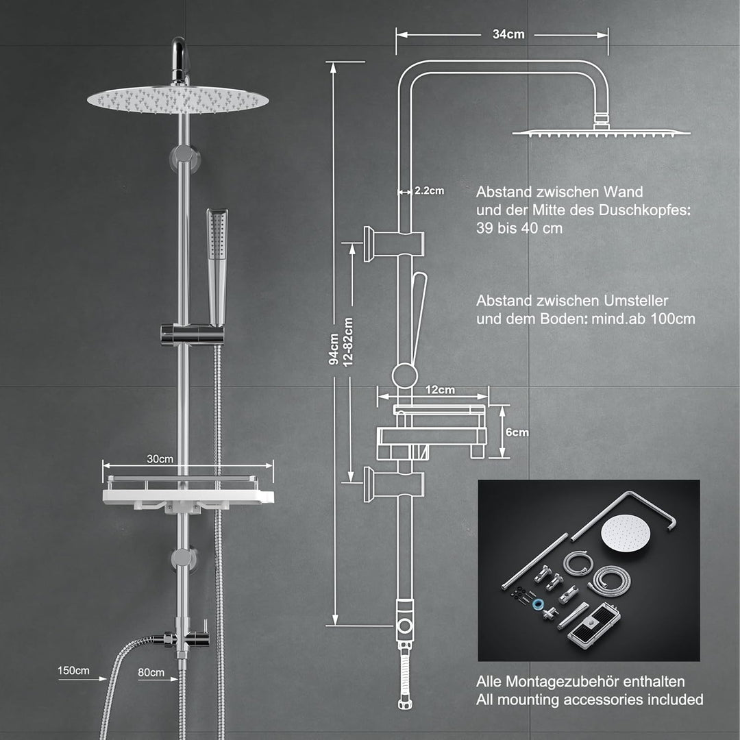 Görbach Regendusche Duschset Duschsystem mit Ablage Chrom Wassersparend ohne Duscharmatur (D20) YT-D