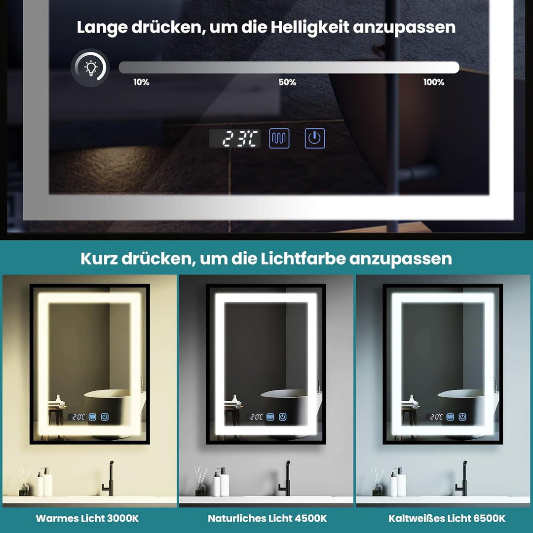 YU YUSING Badspiegel mit Beleuchtung 60x80cm Badezimmerspiegel mit Beschlagfrei 3 Lichtfarbe Dimmbar