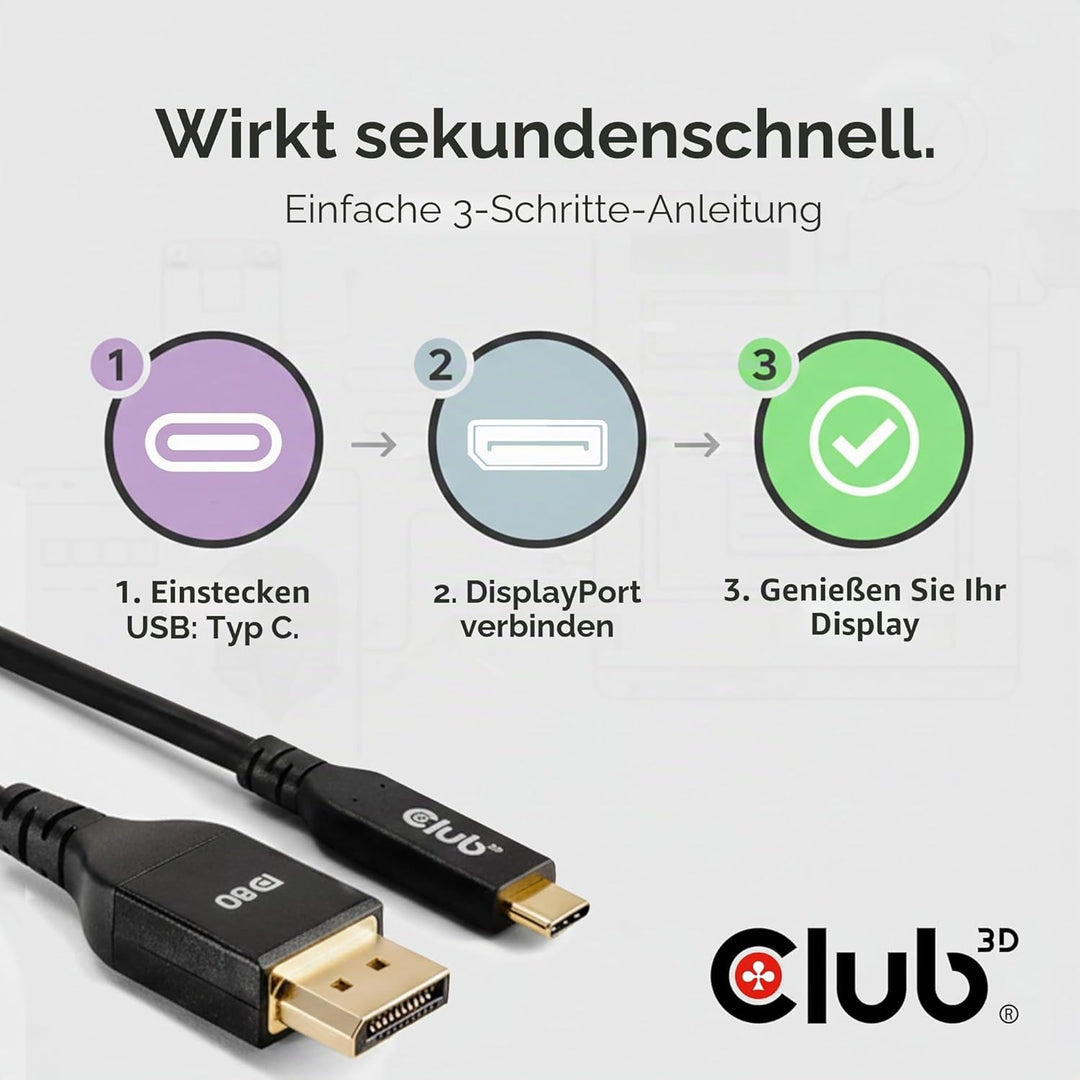 Club3D CAC-1559 USB Typ-C auf DisplayPort DP80 bidirektionales VESA zertifiziertes Kabel 1m Schwarz