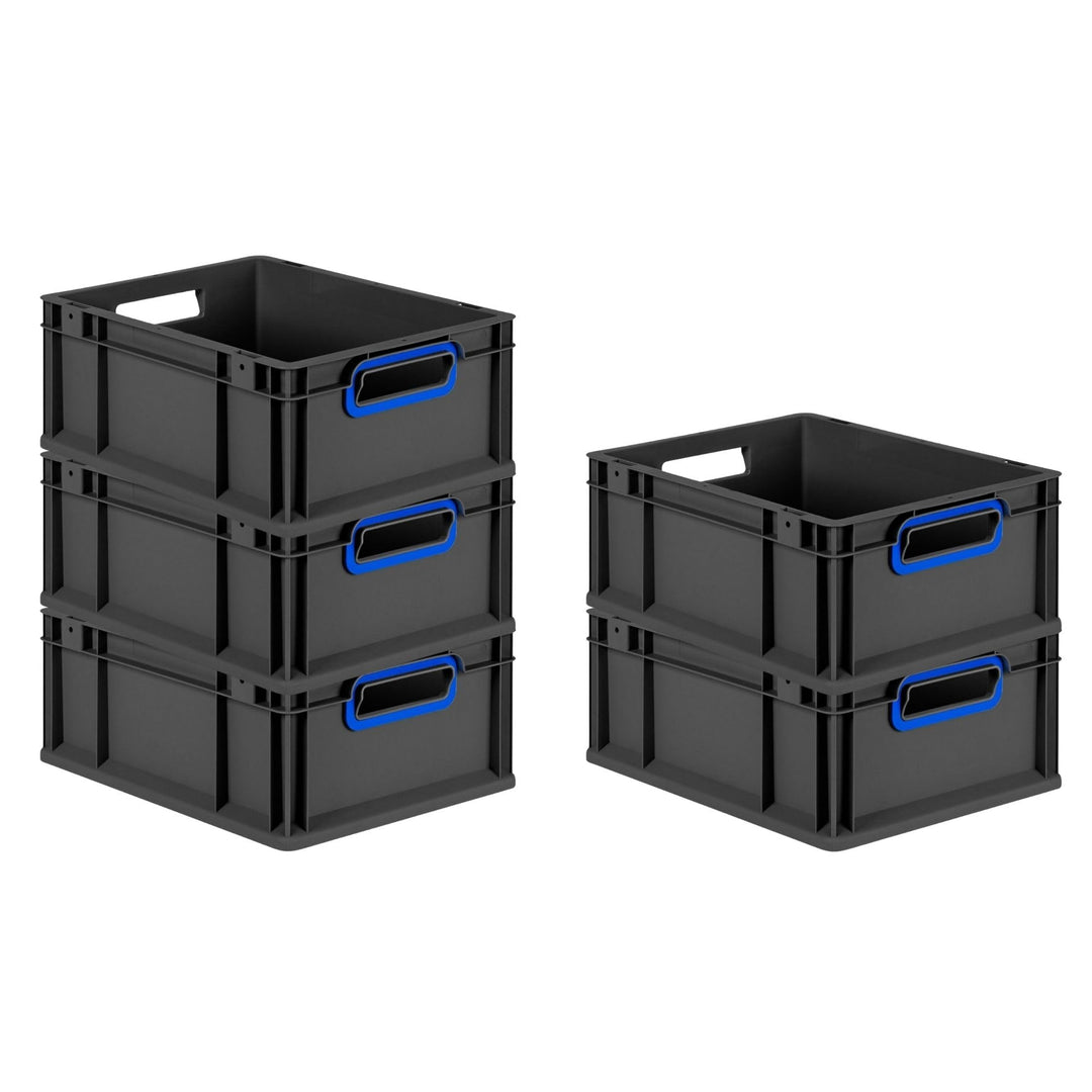 PROREGAL SparSet 5x Eurobox NextGen Color | HxBxT 17x30x40cm | 16 Liter | Griffe blau offen | Schwar