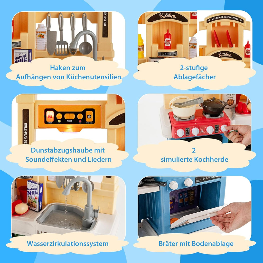 COSTWAY 69 TLG. Kinderküche mit Lichter & Dampf & Musik & Sound, Spielküche inkl. Zubehör, Kinderspi