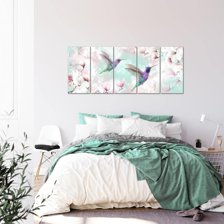 Runa Art Wandbild XXL Blumen Magnolien Wohnzimmer Schlafzimmer 200 x 80 cm Türkis 5 Teilig - Made in