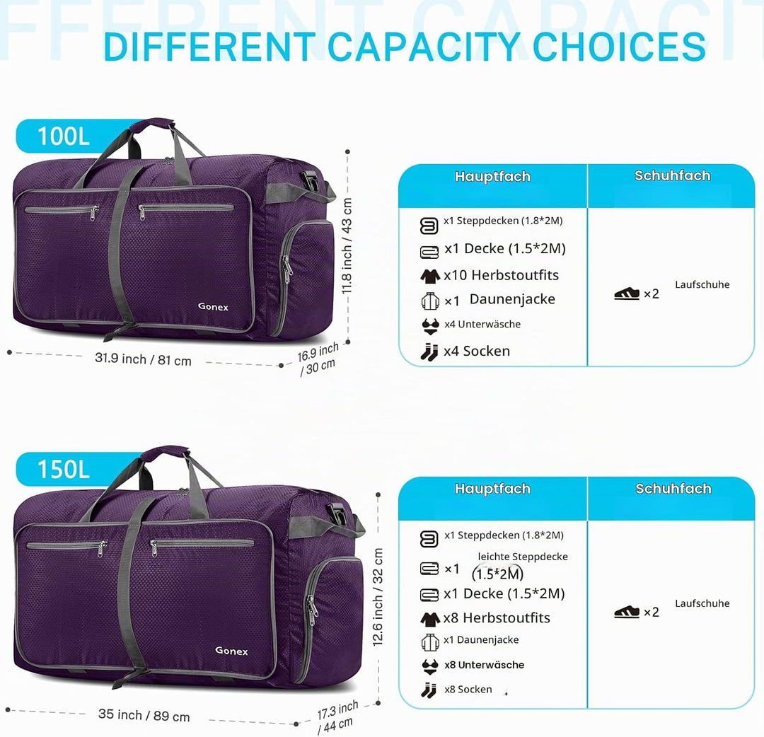 Gonex Faltbares Reisegepäck Leicht 40/60/80/100/150L Grosse Reisetasche Sporttasche für Reise Gym Ur