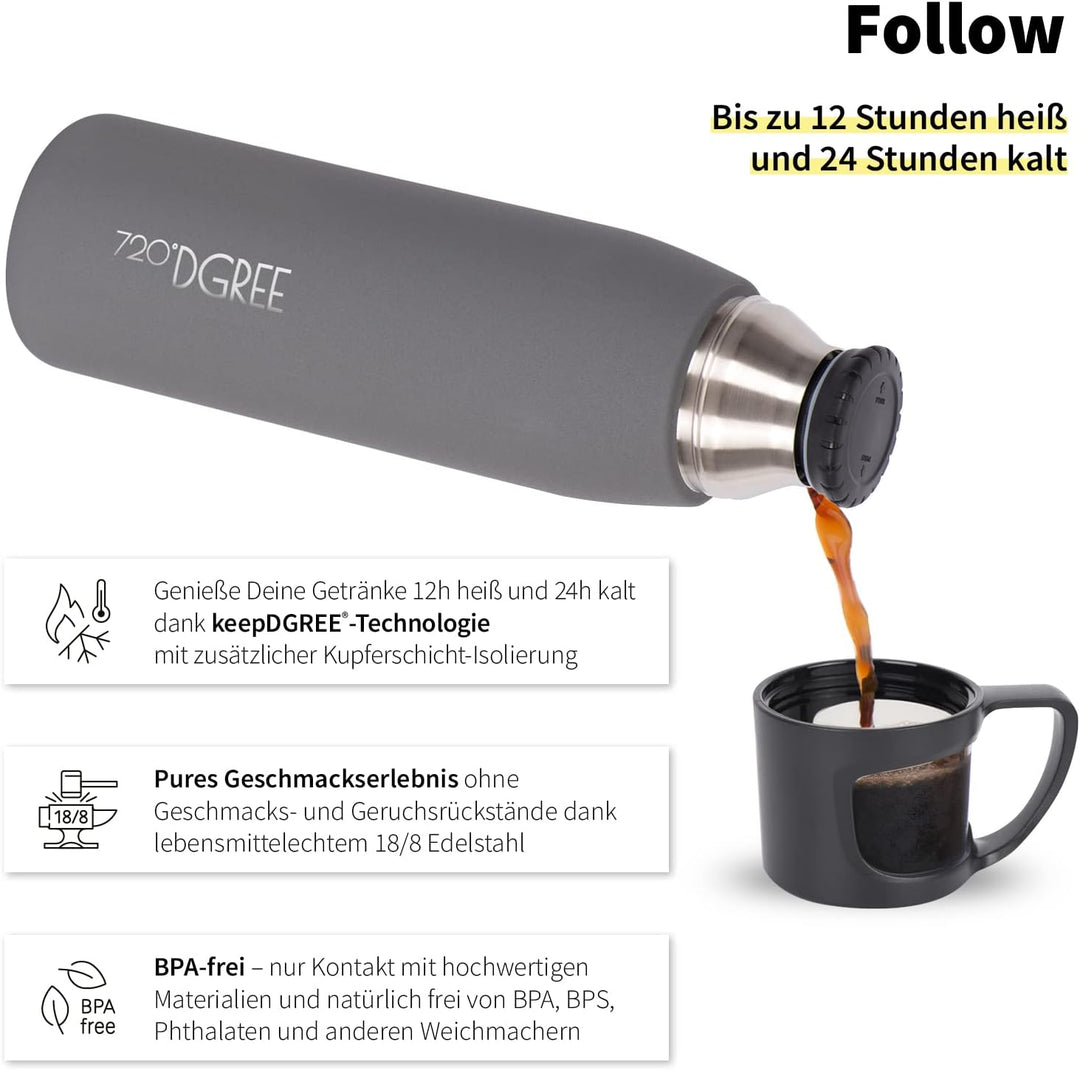 720°DGREE Thermoskanne mit Becher “Follow” - 450ml, 700ml, 1l - Auslaufsicher, BPA-Frei - Edelstahl