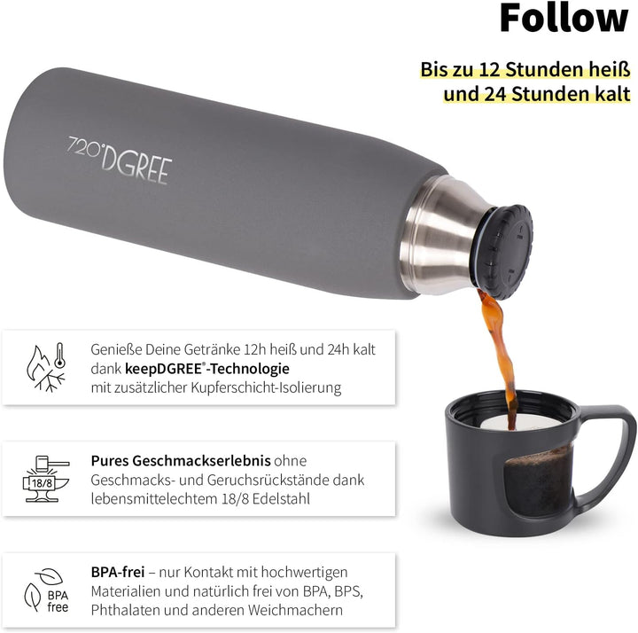 720°DGREE Thermoskanne mit Becher “Follow” - 450ml, 700ml, 1l - Auslaufsicher, BPA-Frei - Edelstahl
