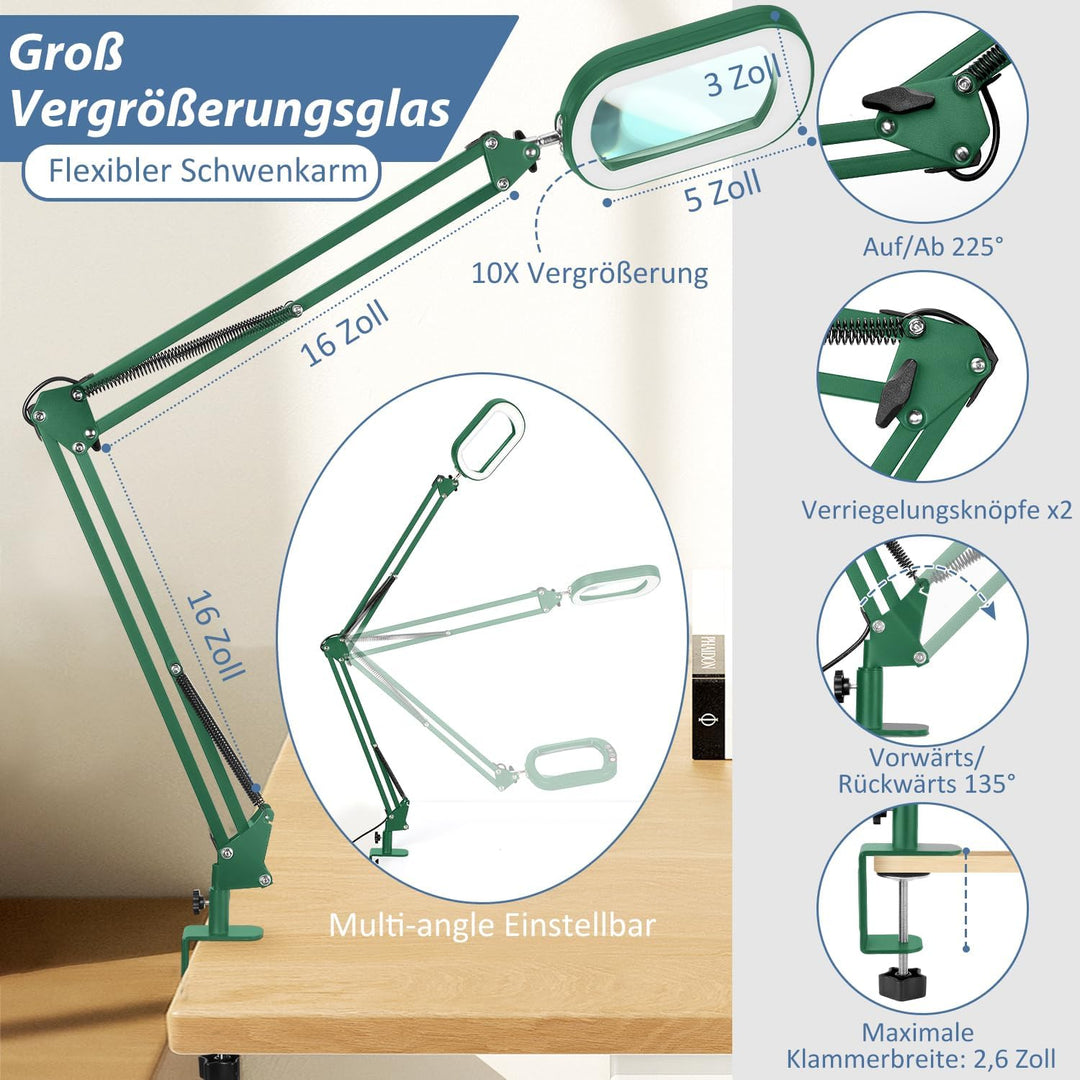 Veemagni 10X Echtes Glas Rechteckige Lupe mit Licht und Klemme, 5 Farbmodi stufenlos dimmen, 2 * 16