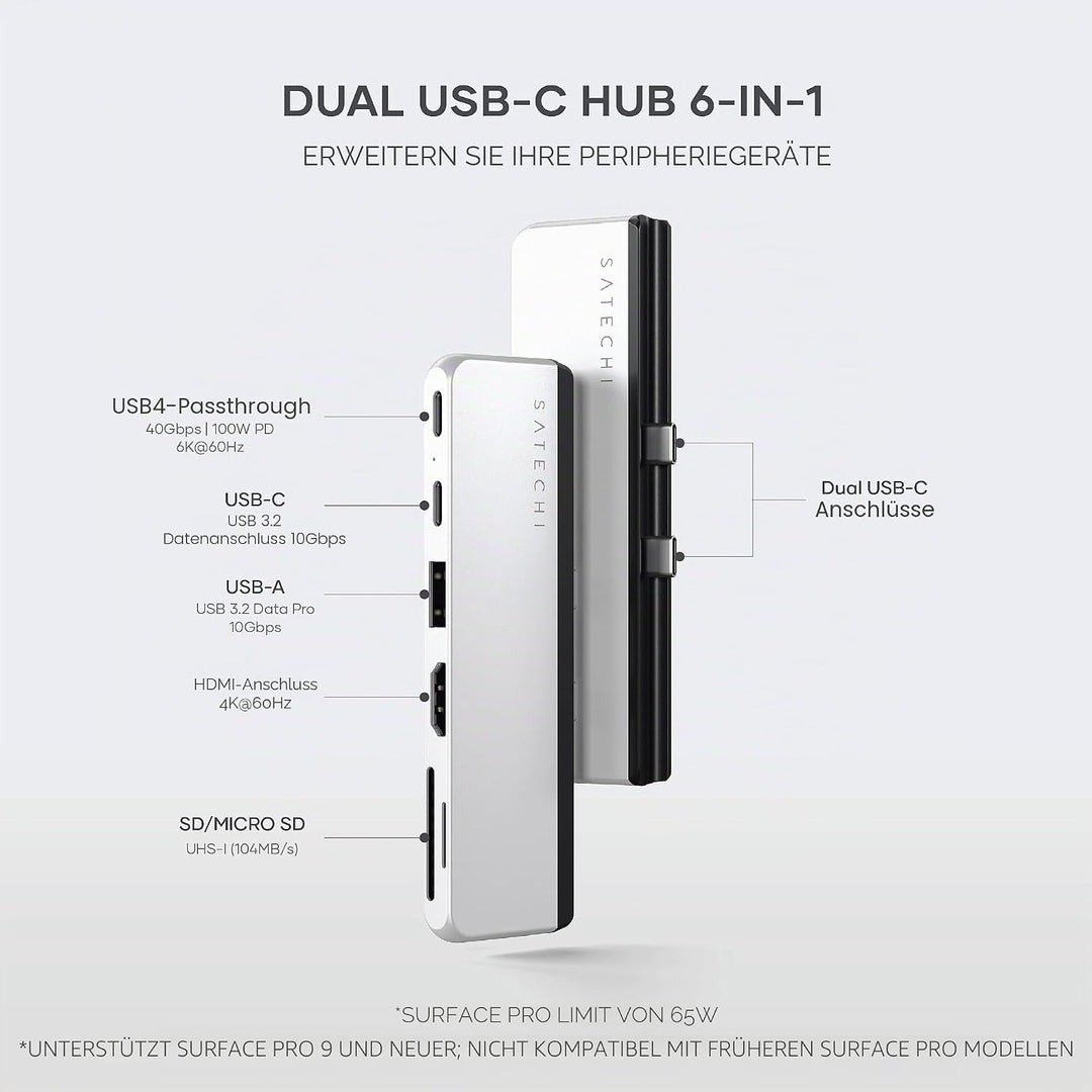 SATECHI Dual USB-C Hub für Surface Pro 9, Microsoft Surface Pro 9 Docking Station mit 3.2 USB-A, 4k/