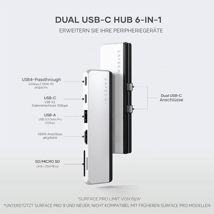 SATECHI Dual USB-C Hub für Surface Pro 9, Microsoft Surface Pro 9 Docking Station mit 3.2 USB-A, 4k/