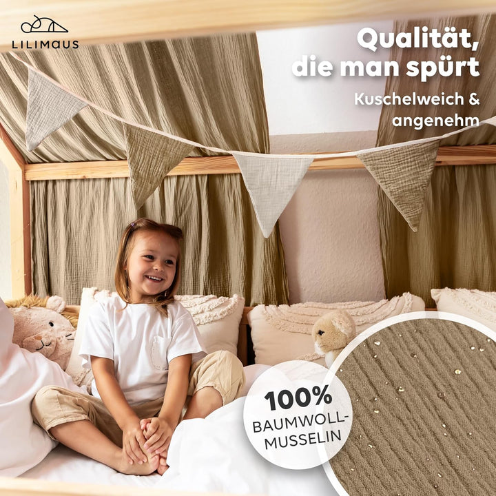 Hausbett Himmel mit Gold Applikation [in 12 Farben] Betthimmel Hausbett aus 100% Baumwolle Musselin