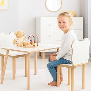 Kindertisch + Bärenstuhl Set 60×50×47cm – Kinder Tisch &amp; Stuhl aus MDF &amp; Holz – weisses Design mit n