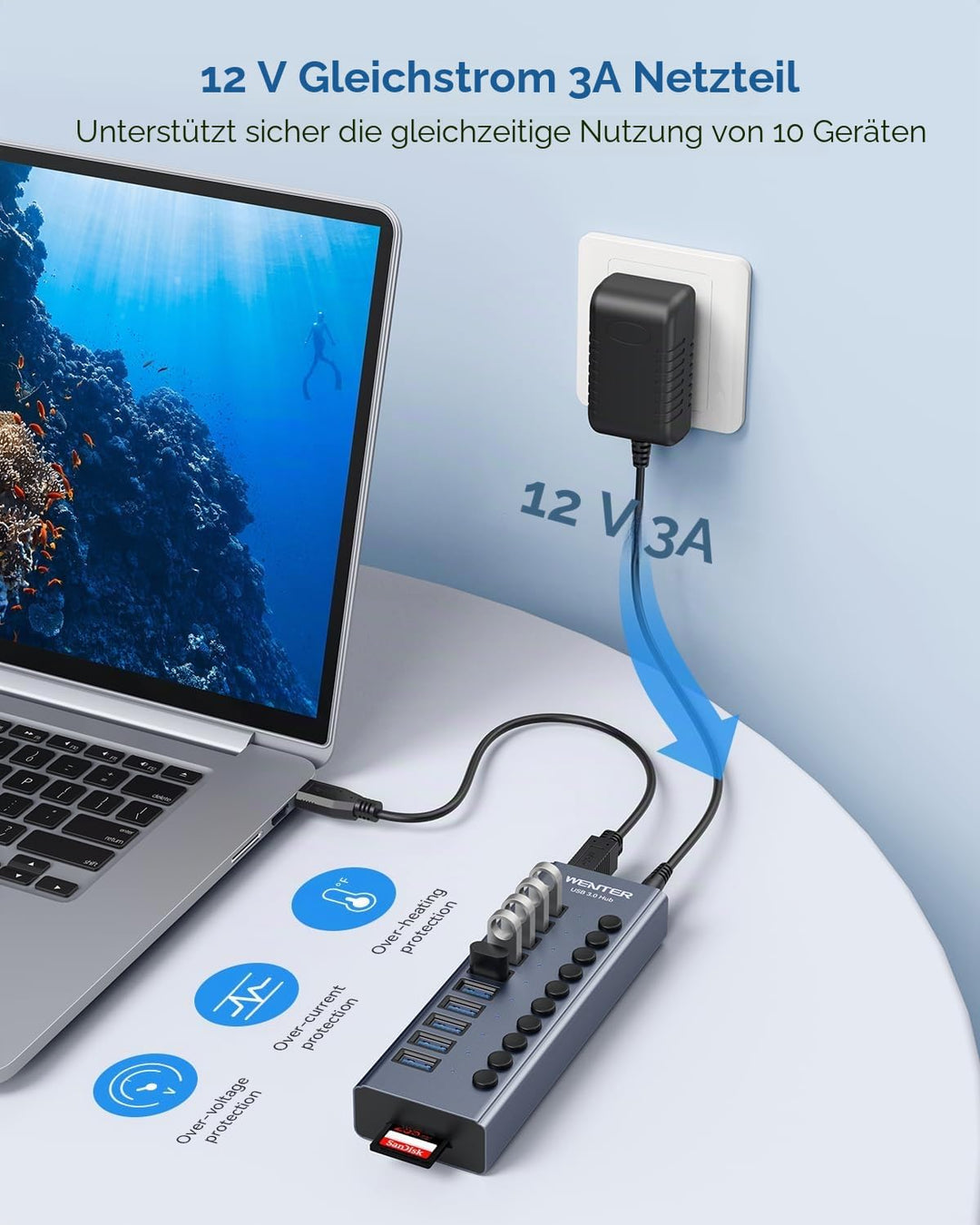 Powered USB 3.0 Hub, Wenter 10 Ports 36W USB Hub Aktiv, Aluminium USB Splitter mit individuellen EIN