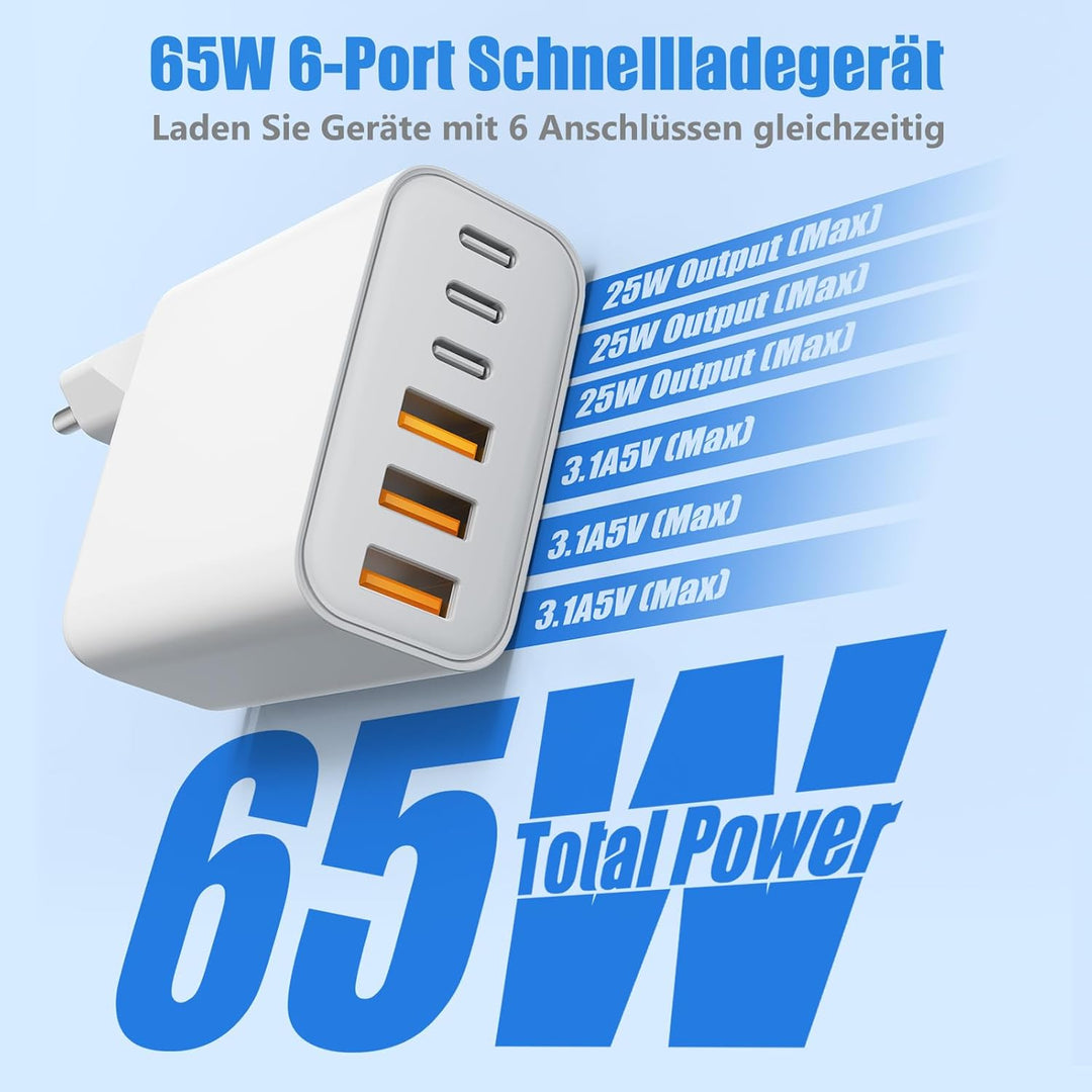 6-Ports USB C Ladegerät für iPhone 17/17E/16/15/14/13/12,65W Mehrfach Ladegerät mit USB-C und USB-A,
