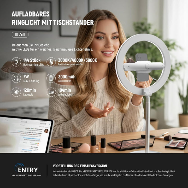 NEEWER Entry Level Version 10" 7W LED Selfie Ringlicht mit Tischständer/Phone Holder/3 Modi CRI85+ 3