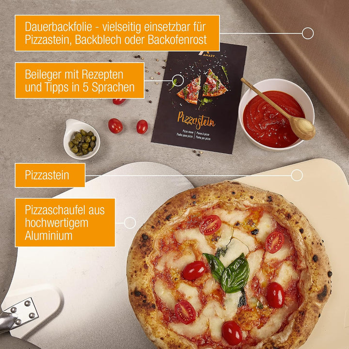 Amazy Pizzastein inkl. Aluminium Pizzaschaufel, Dauerbackfolie und Rezepte Heft – Der hitzebeständig