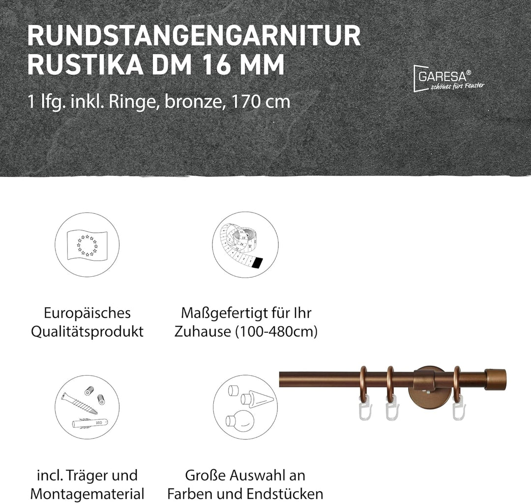 Garesa Gardinenstange Rustika Ø 16mm, 1-läufig, Bronze I Rustikale Vorhangstange aus Metall inkl. Ri
