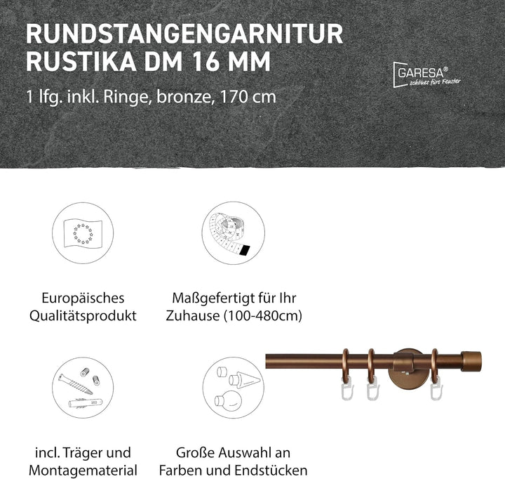 Garesa Gardinenstange Rustika Ø 16mm, 1-läufig, Bronze I Rustikale Vorhangstange aus Metall inkl. Ri