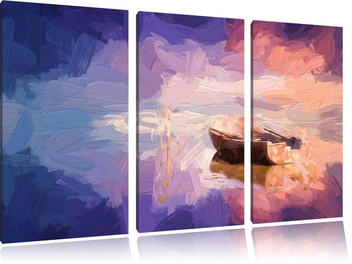 Pixxprint Einsames Boot auf See Pinsel Effekt 3-Teiler Leinwandbild 120x80 Bild auf Leinwand